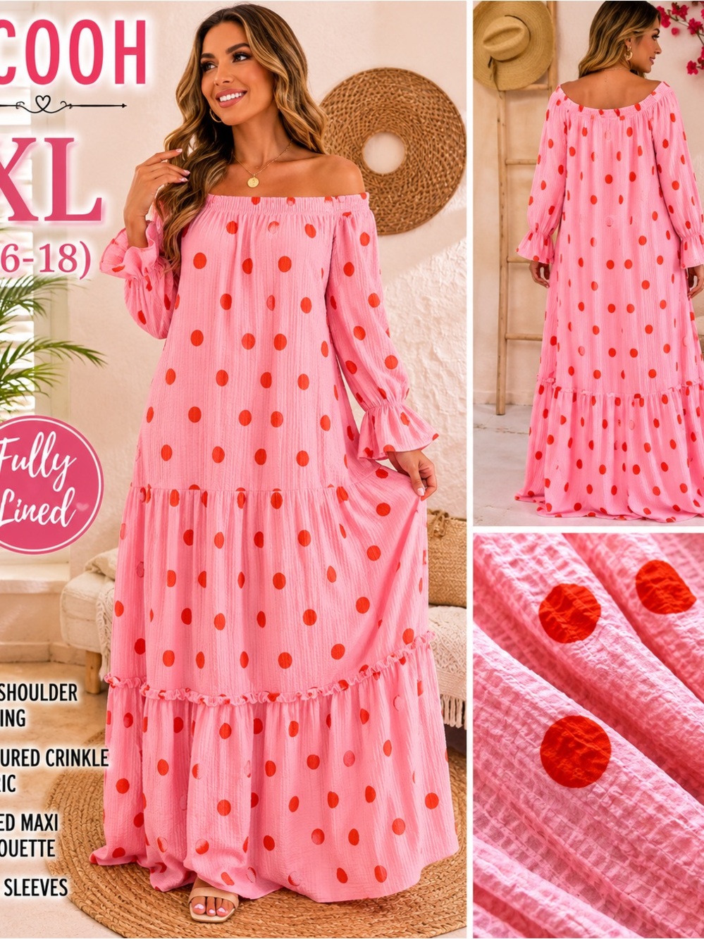 ECOOH Pink Red Polka Dot Maxi Dress XL Boho Off Shoulder Lined